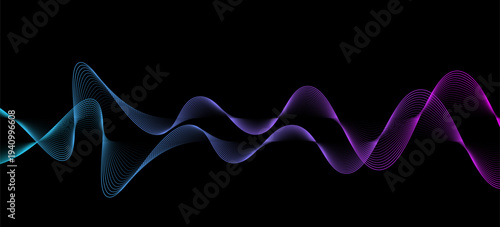 abstract motion sound wave equalizer colorful purple blue green isolated on black background. Vector illustration in concept of sound, voice, music