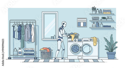 Advanced humanoid robot efficiently handles domestic chores by loading laundry into a modern washing machine in a bright laundry room.