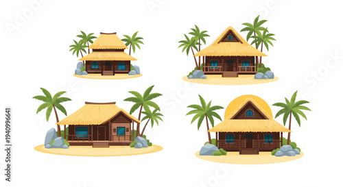 Collection of four different tropical wooden huts with traditional thatched roofs are nestled among green palm trees and large rocks.