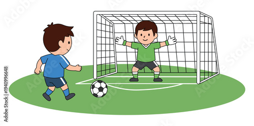 Kids Playing Soccer Goalkeeper and Striker Football Cartoon Illustration