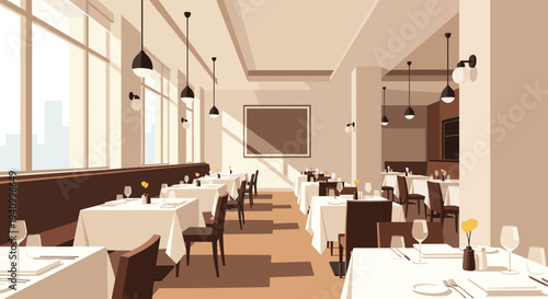 Interior of an elegant and empty restaurant shows neatly set tables with white cloths and modern hanging lamps in a bright room.
