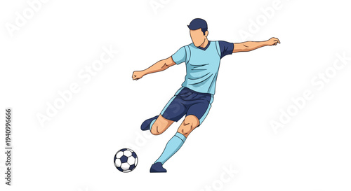 Dynamic illustration of a male soccer player in mid-kick action, captured against a clean white background emphasizing motion