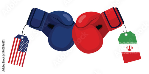 Boxing Gloves: a visually arresting depiction of geopolitical tension, with blue and red boxing gloves representing the USA and Iran respectively.