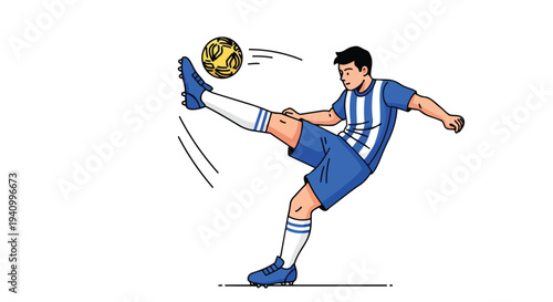 Dynamic illustration of a male soccer player executing a powerful kick with a stylized ball in mid-air
