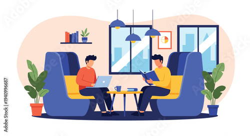 Two young men work independently on a laptop and read a book while sitting in comfortable blue armchairs in a modern coworking space.