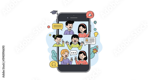 Smartphone screen displays a lively virtual classroom session with multiple young students participating in an online video call.