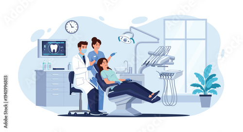 Professional dentist and his assistant provide careful medical treatment to a patient in a modern dental clinic with advanced tools.