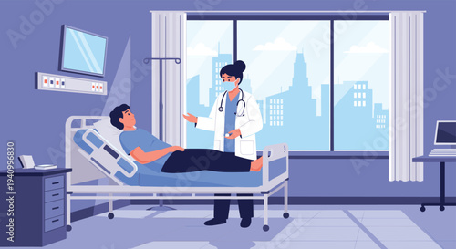 Compassionate female doctor wearing a surgical mask talks to a male patient resting in a hospital bed in a private medical facility.