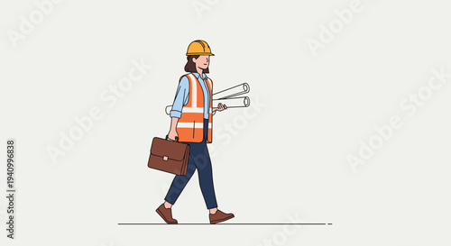 Professional female architect in a safety vest and orange hard hat walks purposefully with blueprints and a leather briefcase in hand.