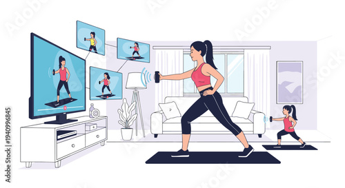 Healthy mother and her young daughter follow an online fitness class on a large television screen in their cozy living room at home.