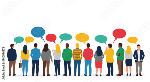 Diverse group of people stand in a row seen from behind with multiple colorful speech bubbles floating above their heads in the air.