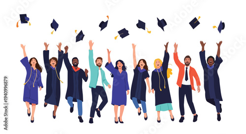 Joyful graduating students in academic regalia tossing caps in celebration of academic achievement and future success