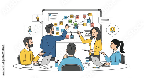 Collaborative business team planning a strategic flowchart on a whiteboard during a meeting