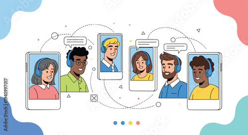 Global network of call center agents wearing headsets are shown in individual smartphone frames connected by dashed communication lines.