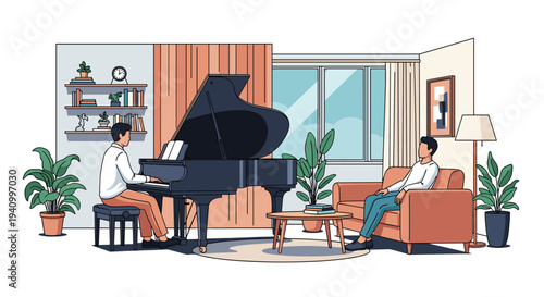 Talented man plays a grand piano while his friend relaxes on a comfortable sofa in a modern living room filled with green indoor plants.