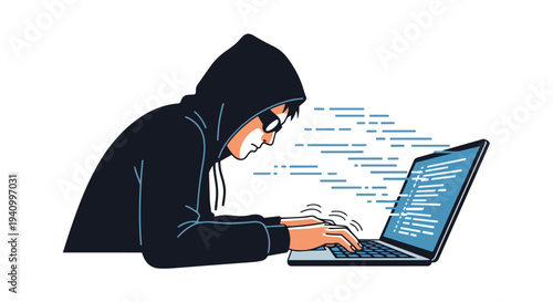 Anonymous programmer typing on a laptop in a hoodie, abstract code flowing outwards representing digital intrusion
