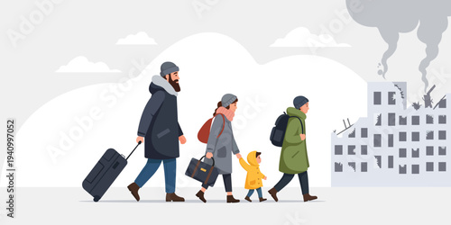 Homeward Bound: A family's journey amidst a backdrop of conflict, carrying their belongings and determination in their eyes. Evoking themes of resilience and displacement.