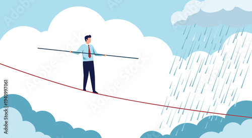 Determined businessman carries a long balancing pole while walking on a tightrope high in the clouds towards a dark rainy weather front.