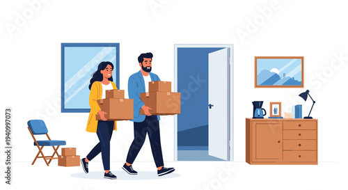 Excited young couple carries cardboard boxes into their new apartment through an open doorway representing a successful moving day.