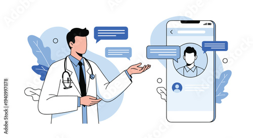 Male doctor in a white coat points toward a large smartphone screen showing a patient profile for an online healthcare consultation.