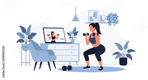 Young woman exercising at home following online workout tutorial on laptop during squat session in cozy living room interior.