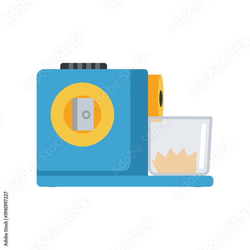 Blue paper shredder with yellow accents shredding paper