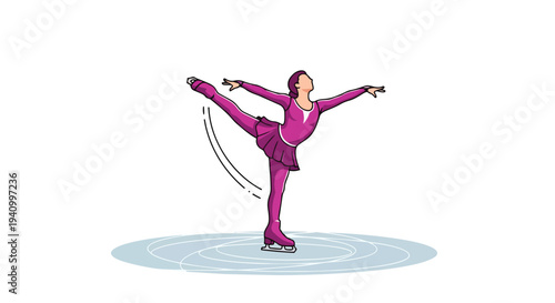 Dynamic illustration of a female figure skater performing an elegant pirouette on ice, showcasing athletic grace and precision
