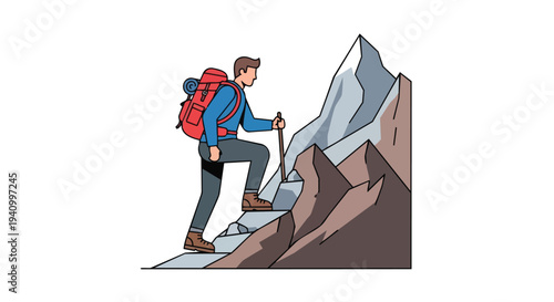 Illustrative depiction of a solitary hiker ascending a formidable mountainous terrain using a trekking pole for support and stability
