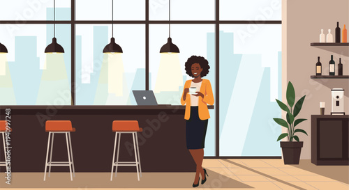 Confident black businesswoman holding coffee cup standing in modern cafe interior with city skyline view through large windows.