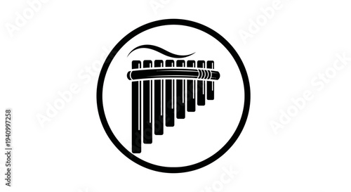 Black and white panpipe illustration in circle.