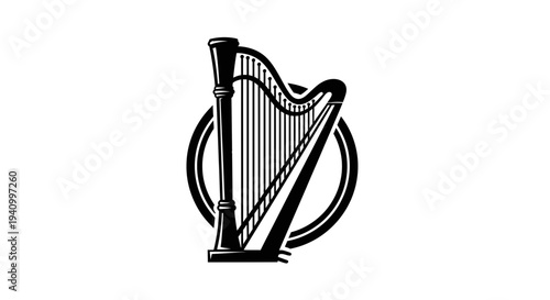 Black and White Harp Illustration Design 1.