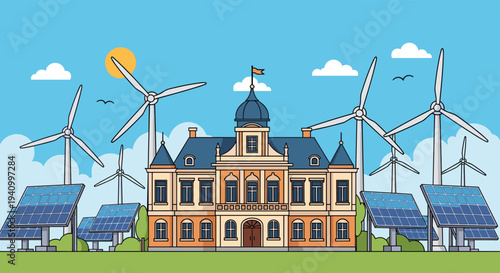 Traditional European architecture building integrated with modern renewable energy sources like wind turbines and solar panels.