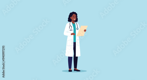 Professional black female doctor wearing white lab coat and stethoscope holding medical report clipboard against blue background.