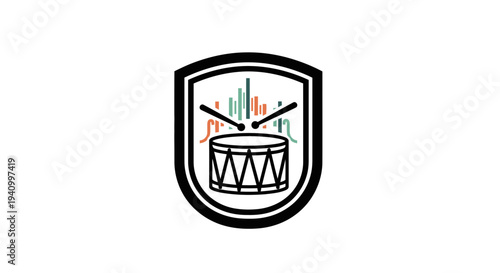 Drum Emblem with Drumsticks and Sound Waves.