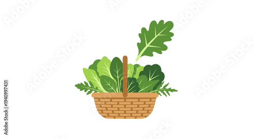 Fresh Leafy Greens in Wicker Basket.