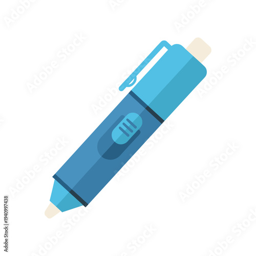 Blue highlighter pen with clip on white background, office supply