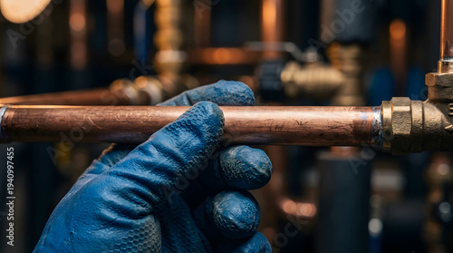 Professional Plumber Inspecting Copper Pipes in Heating System for Maintenance and Repair Service