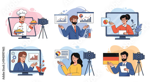 Collection of diverse professionals including chef and business analysts presenting information through video conferencing screens.