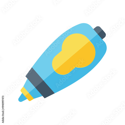 Blue highlighter pen with yellow mark on white background, office supplies
