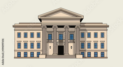 Classical architecture building with grand pediment and ionic columns representing government institution or national bank.