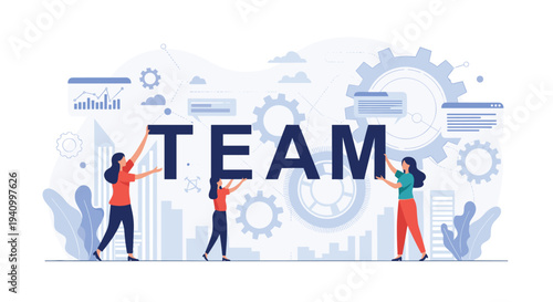 Group of professional women collaborating to build giant three-dimensional team word letters with gears in background design.