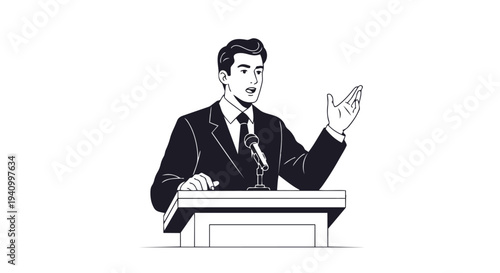 Dynamic illustration of a man in a suit speaking passionately at a podium with a microphone during a public address or presentation