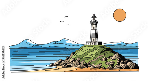 Scenic lighthouse standing on rocky green cliff by ocean with mountains in background under warm sun and clear blue sky view.