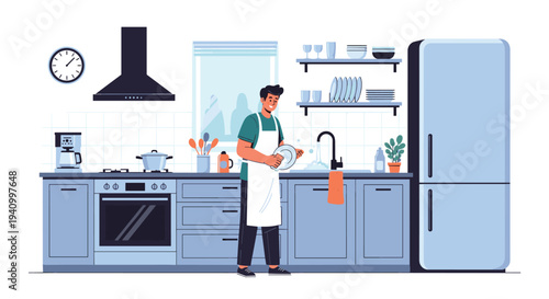 Man wearing apron washing dishes at sink in modern clean kitchen with stove refrigerator and shelves in flat vector style design.