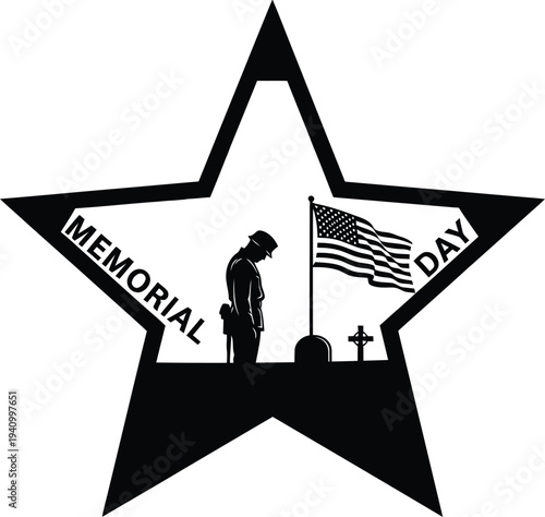 Memorial day tribute star with american flag and soldier silhouette