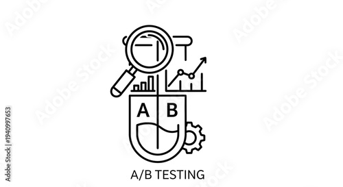 A/B Testing Icon: Magnifying Glass, Graph, Test Tube, Gear - Business Analysis