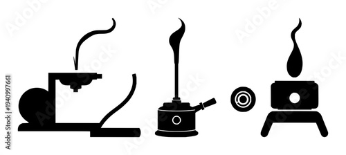 Bunsen burner set with flat vector icon and bold outlines featuring laboratory equipment, science, icons with solid black and white background