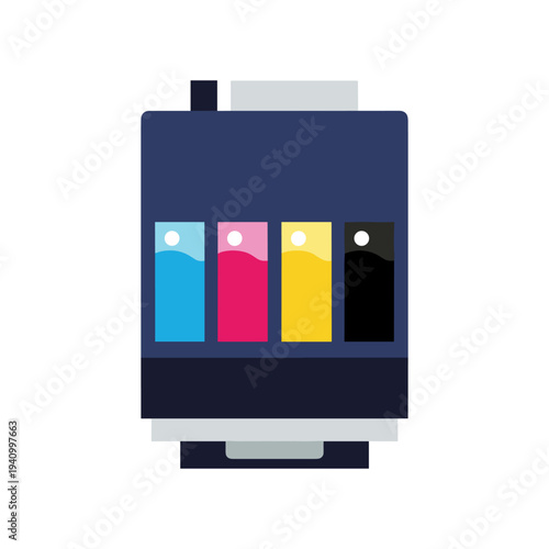 Colorful inkjet printer with cyan, magenta, yellow, and black cartridges, modern design