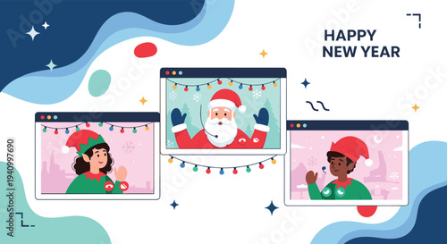 Virtual new year celebration screen with santa claus and elves communicating through video call windows with festive decorations.