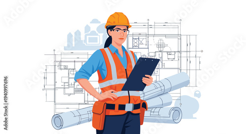 Professional female construction engineer wearing orange safety vest and helmet holding clipboard in front of blueprint plans.